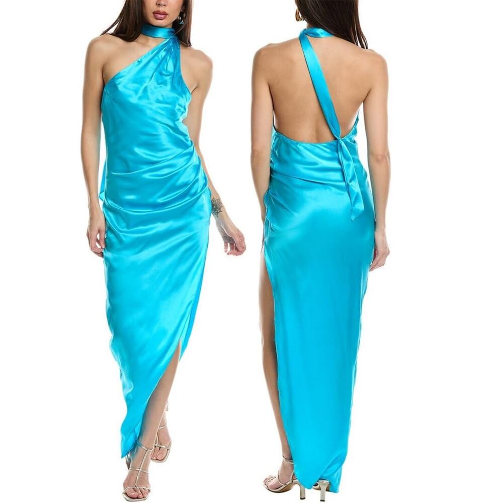 Amanda Uprichard Jaida Silk Gown One Shoulder Ruched Satin Party Cocktail Prom L
